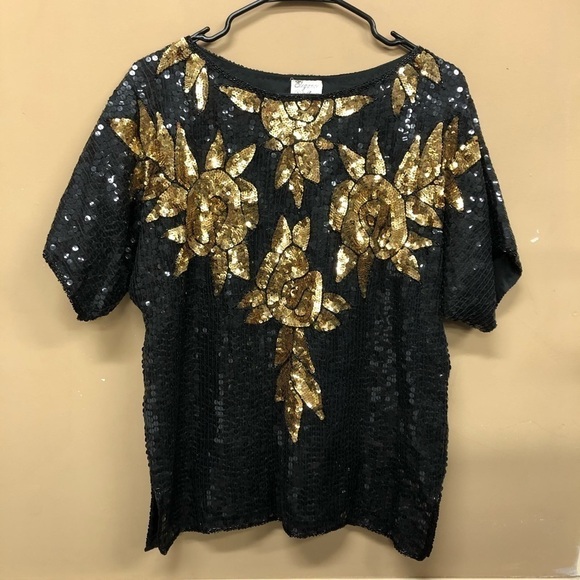 Silk Beaded Sequin Party Cocktail Drag Blouse - Picture 1 of 6